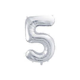 Partydeco Folienballon Zahl 5 gross 86 cm, silber, 1 Stück - FRI-GX47-00143J