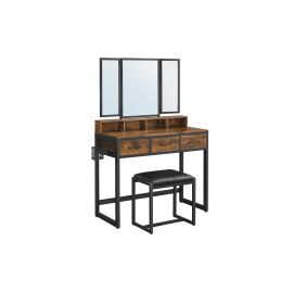 VASAGLE Schminktisch mit Hocker 90 x 141 cm, Schwarz/Braun - FRI-GX47-004CQX